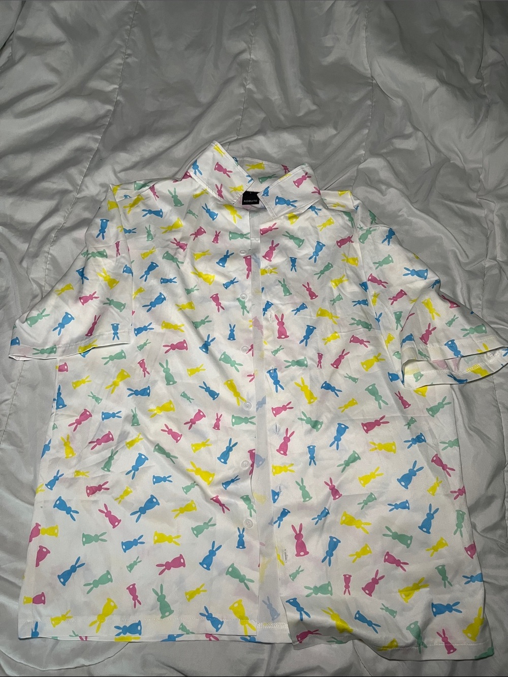 White Easter Short-Sleeve Button-Up Shirt with Pastel Bunny Print